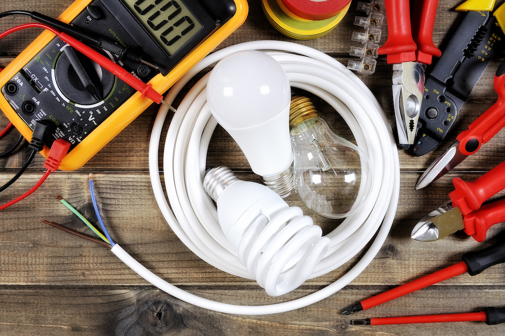 Electrical tools on table. | Ceiling fans
